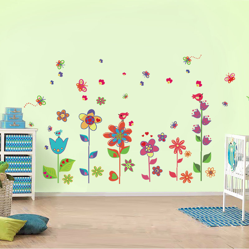 East Urban Home Colourful Flowers with Butterflies and Grass Wall